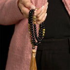 Fortune Jewel 108 Mala Beads Black Jasper Rhodonite Khaki Tassel Healing Bracelet