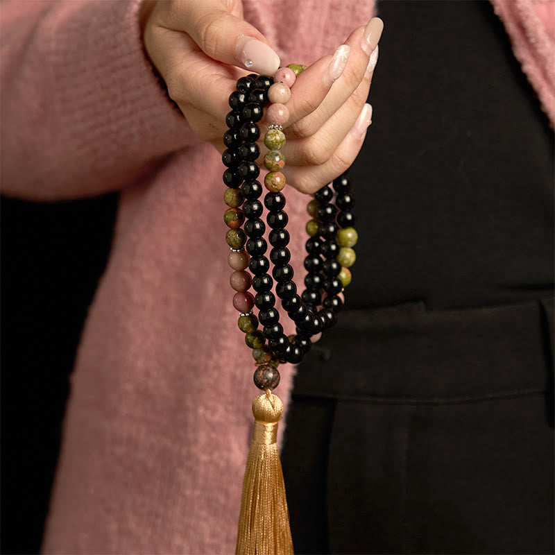Fortune Jewel 108 Mala Beads Black Jasper Rhodonite Khaki Tassel Healing Bracelet