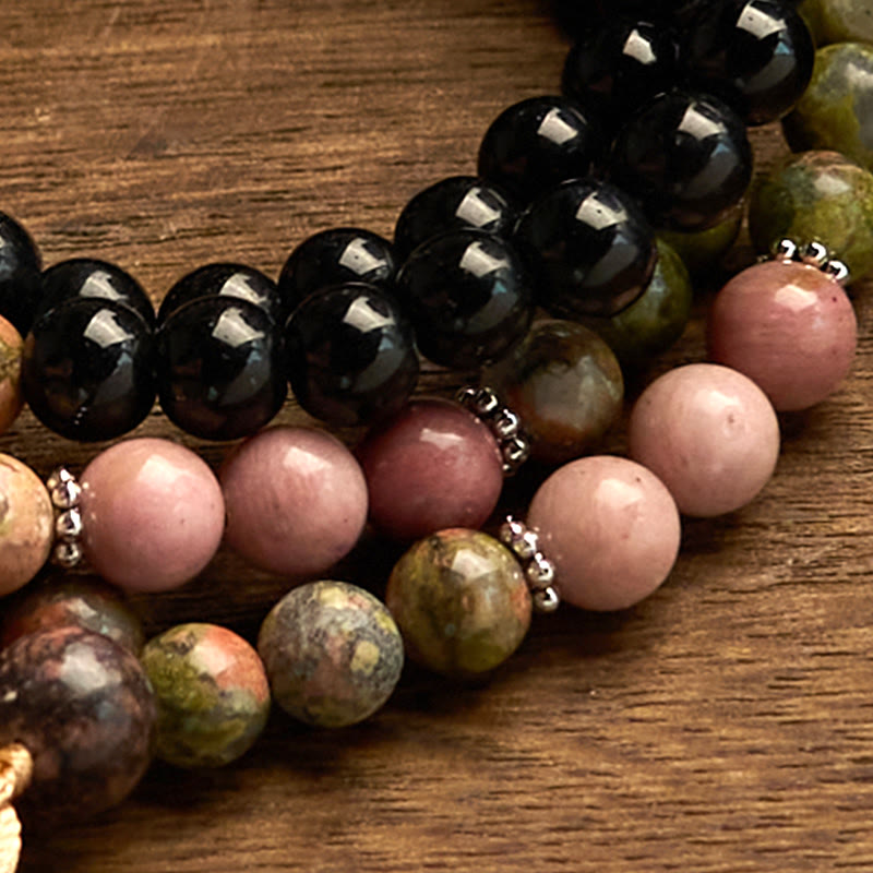 Fortune Jewel 108 Mala Beads Black Jasper Rhodonite Khaki Tassel Healing Bracelet