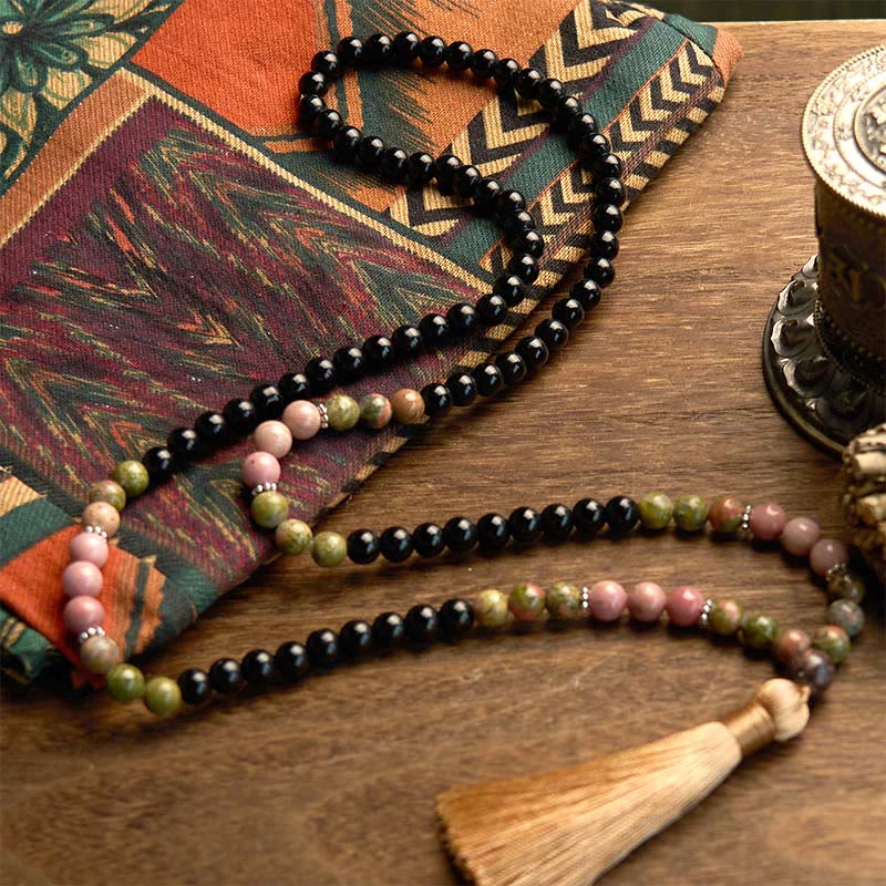 Fortune Jewel 108 Mala Beads Black Jasper Rhodonite Khaki Tassel Healing Bracelet