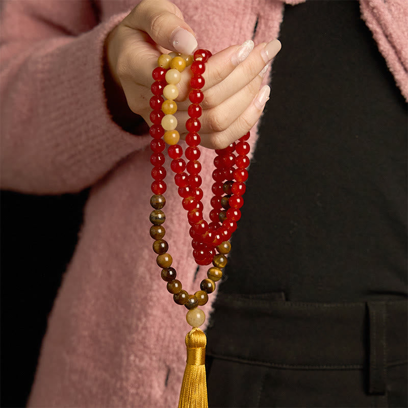 Fortune Jewel 108 Mala Beads Red Agate Tiger Eye Yellow Tassel Calm Bracelet