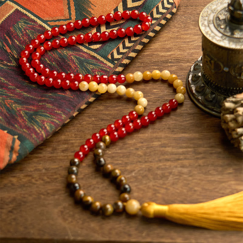 Fortune Jewel 108 Mala Beads Red Agate Tiger Eye Yellow Tassel Calm Bracelet