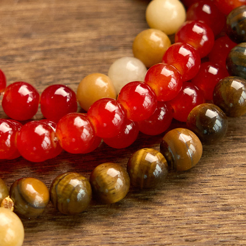 Fortune Jewel 108 Mala Beads Red Agate Tiger Eye Yellow Tassel Calm Bracelet