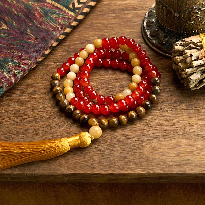 Fortune Jewel 108 Mala Beads Red Agate Tiger Eye Yellow Tassel Calm Bracelet