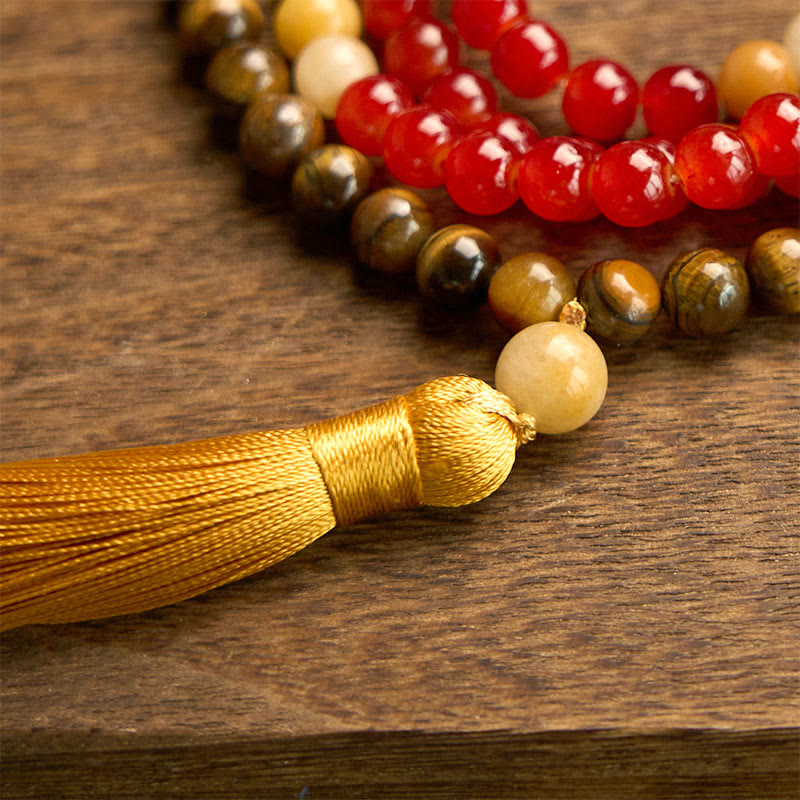 Fortune Jewel 108 Mala Beads Red Agate Tiger Eye Yellow Tassel Calm Bracelet