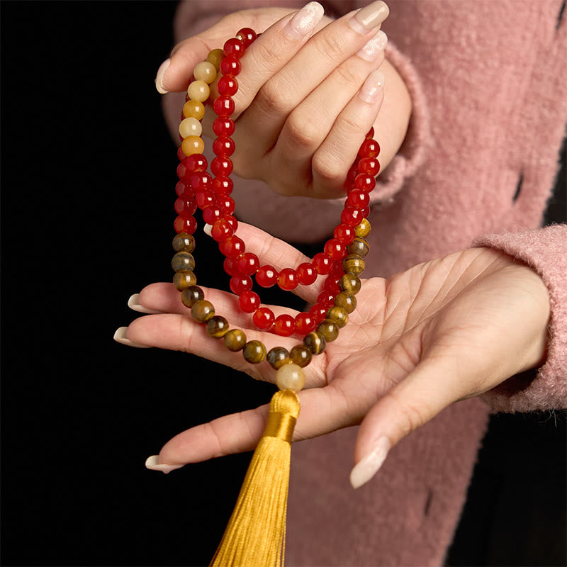 Fortune Jewel 108 Mala Beads Red Agate Tiger Eye Yellow Tassel Calm Bracelet