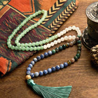 Fortune Jewel 108 Mala Beads Natural Green Aventurine Blue Spot Jasper Indian Agate Green Tassel Luck Bracelet