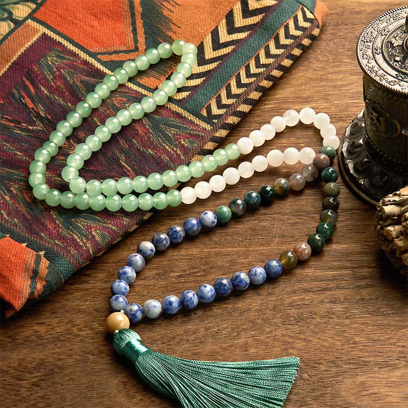 Fortune Jewel 108 Mala Beads Natural Green Aventurine Blue Spot Jasper Indian Agate Green Tassel Luck Bracelet