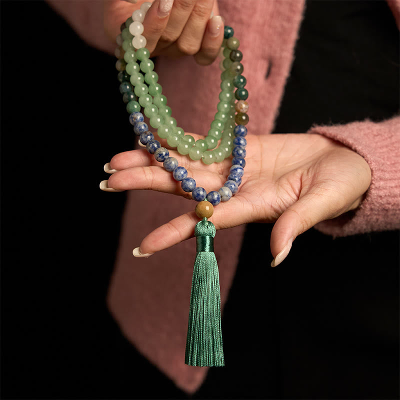 Fortune Jewel 108 Mala Beads Natural Green Aventurine Blue Spot Jasper Indian Agate Green Tassel Luck Bracelet
