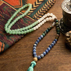 Fortune Jewel 108 Mala Beads Natural Green Aventurine Blue Spot Jasper Indian Agate Green Tassel Luck Bracelet