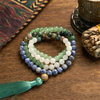 Fortune Jewel 108 Mala Beads Natural Green Aventurine Blue Spot Jasper Indian Agate Green Tassel Luck Bracelet