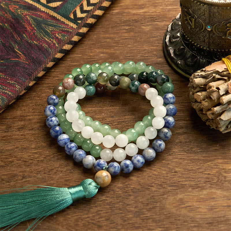Fortune Jewel 108 Mala Beads Natural Green Aventurine Blue Spot Jasper Indian Agate Green Tassel Luck Bracelet
