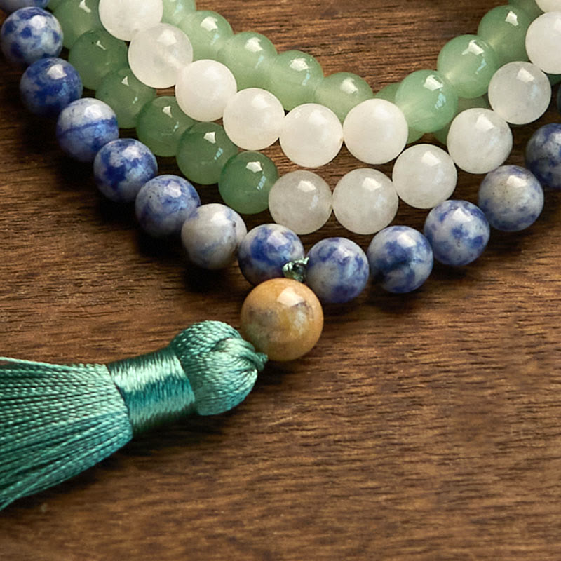 Fortune Jewel 108 Mala Beads Natural Green Aventurine Blue Spot Jasper Indian Agate Green Tassel Luck Bracelet