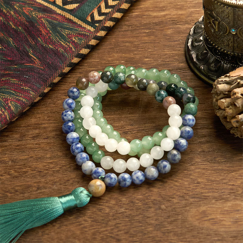 Fortune Jewel 108 Mala Beads Natural Green Aventurine Blue Spot Jasper Indian Agate Green Tassel Luck Bracelet