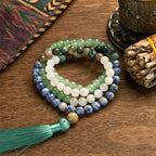 Fortune Jewel 108 Mala Beads Natural Green Aventurine Blue Spot Jasper Indian Agate Green Tassel Luck Bracelet