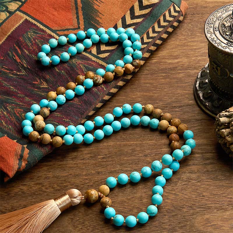 Fortune Jewel 108 Mala Beads Turquoise Picture Jasper Bead Tassel Balance Bracelet