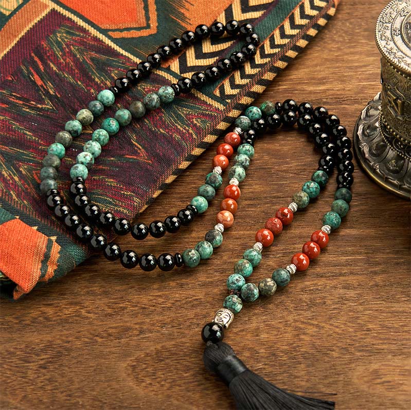 Fortune Jewel 108 Mala Natural Black Onyx Red Jasper Turquoise Beads Buddha Head Tassel Protection Bracelet
