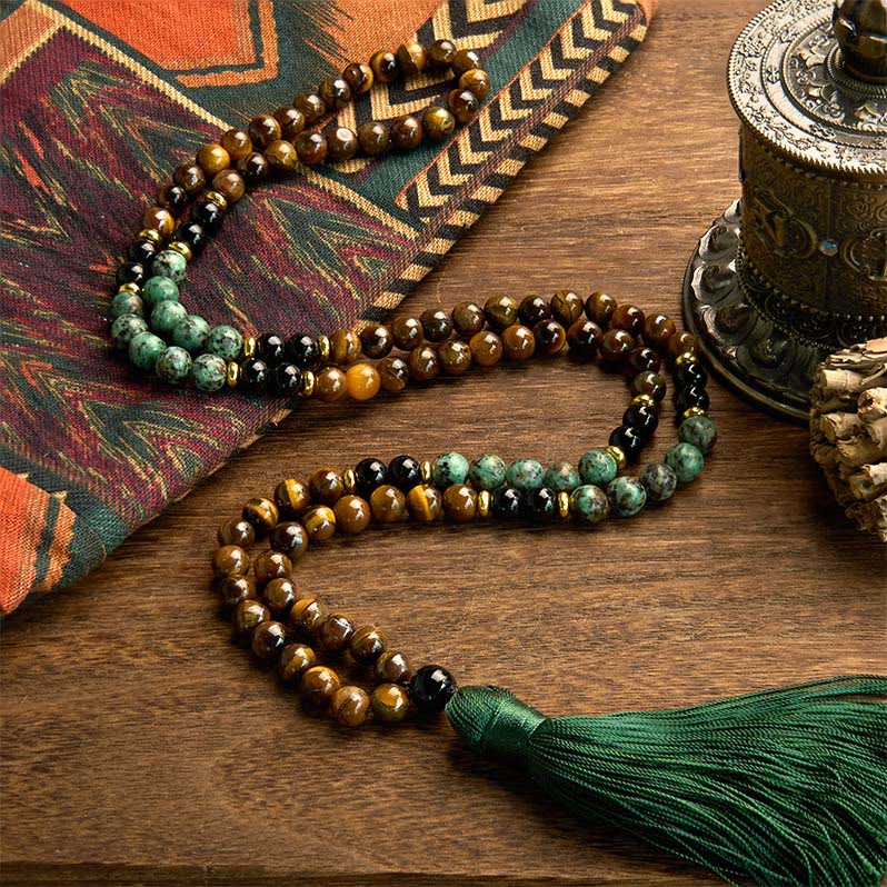 Fortune Jewel 108 Mala Natural Stone Tiger Eye Turquoise Beads Tassel Protection Bracelet