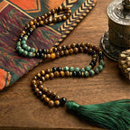 Fortune Jewel 108 Mala Natural Stone Tiger Eye Turquoise Beads Tassel Protection Bracelet