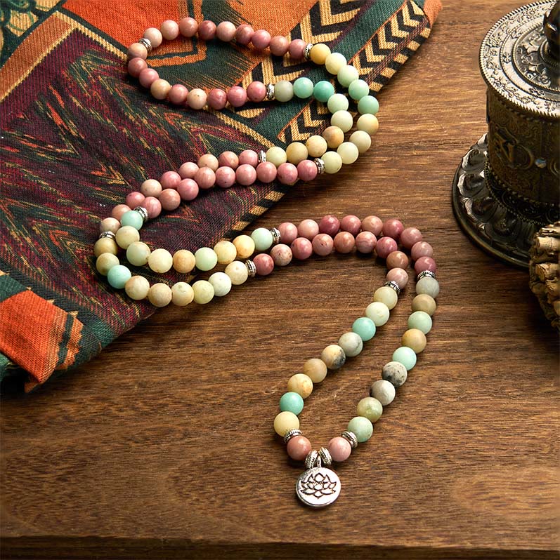 Fortune Jewel 108 Mala Rhodonite Amazonite Beads Lotus Compassion Bracelet Fortune Jewel
