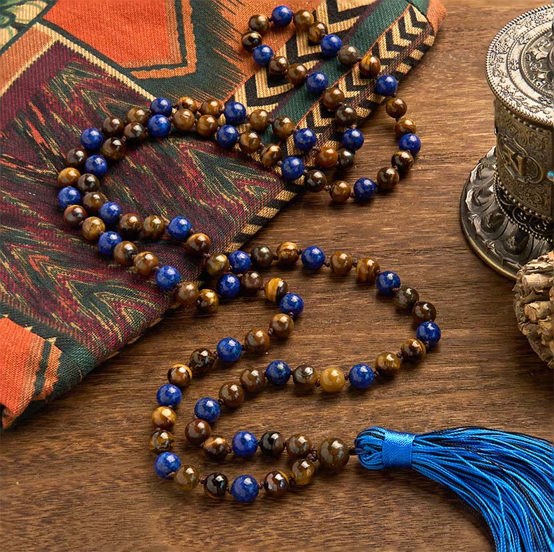 Fortune Jewel 108 Beads Natural Stone Tiger Eye Lazurite Lapis Lazuli Mala Tassel Protection Bracelet
