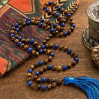 Fortune Jewel 108 Beads Natural Stone Tiger Eye Lazurite Lapis Lazuli Mala Tassel Protection Bracelet