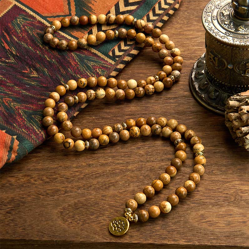 Fortune Jewel 108 Beads Picture Jasper Mala Lotus Courage Bracelet