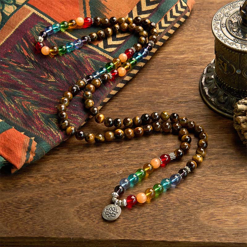 Fortune Jewel 108 Mala Beads Natural Stone Tiger Eye Colored Beads Lotus Protection Bracelet