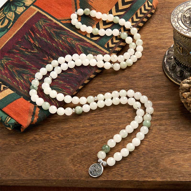 Fortune Jewel 108 Mala Beads Natural Tianshan Jade Lotus Luck Bracelet
