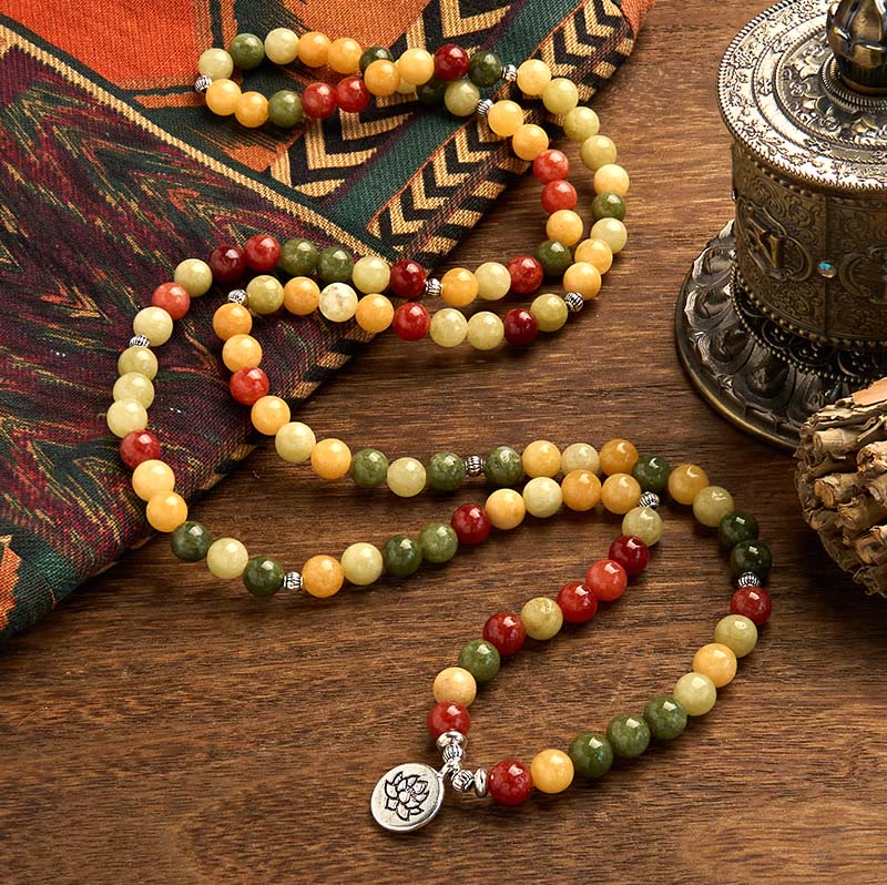 Fortune Jewel 108 Mala Beads Natural Colored Stone Topaz Red Jasper Green Jasper Lotus Protection Bracelet