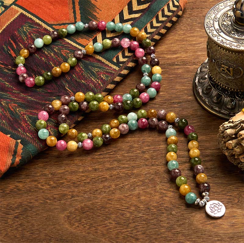 Fortune Jewel 108 Mala Beads Multi-layer Natural Tourmaline Lotus Wisdom Bracelet