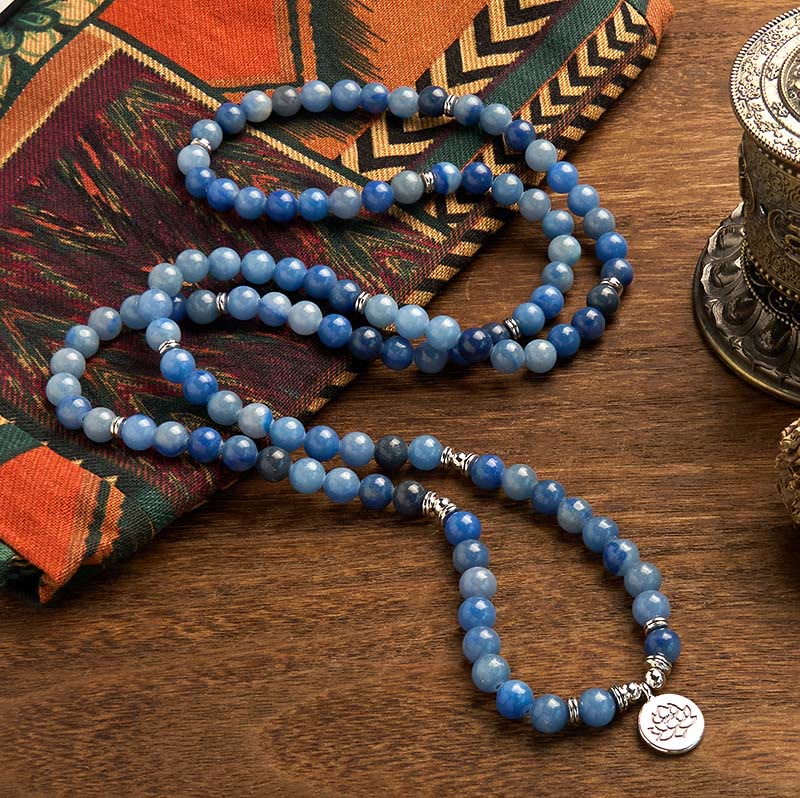 Fortune Jewel 108 Mala Beads Multi-layer Natural Blue Aventurine Lotus Calm Bracelet