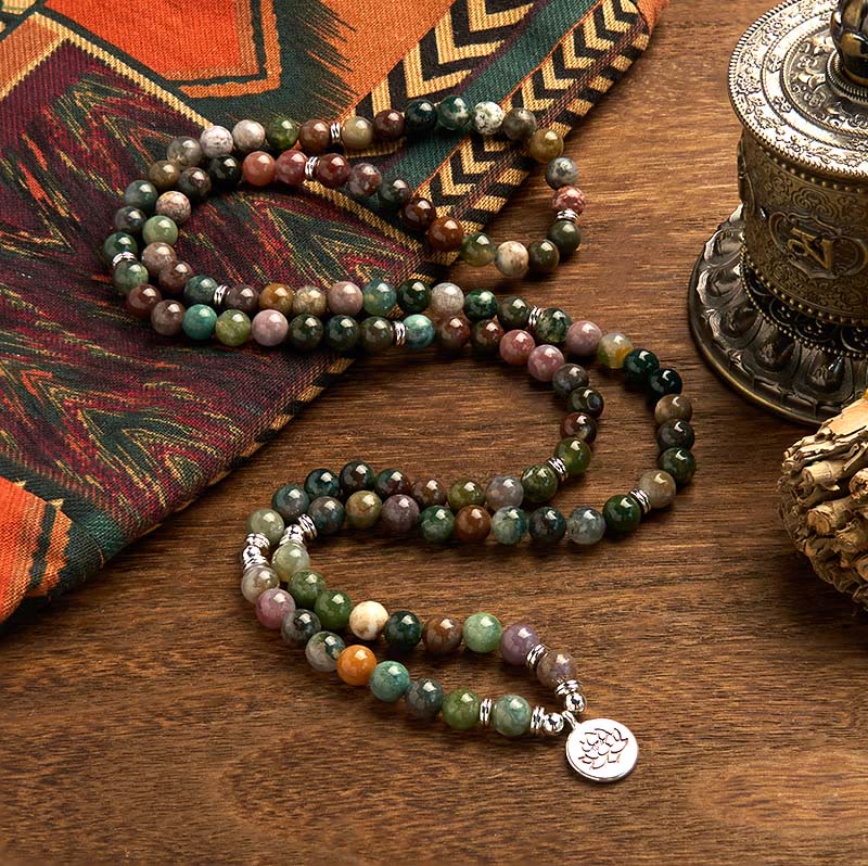 Fortune Jewel 108 Mala Beads Natural Stone Indian Agate Lotus Calm Bracelet