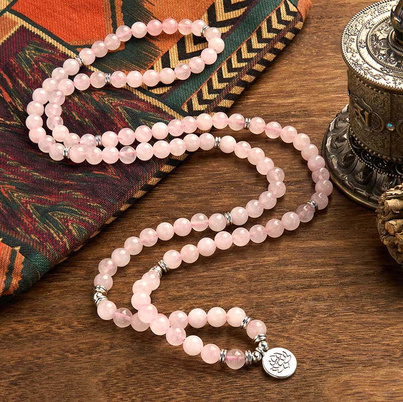 Fortune Jewel 108 Mala Beads Natural Stone Rose Quartz Lotus Peace Bracelet