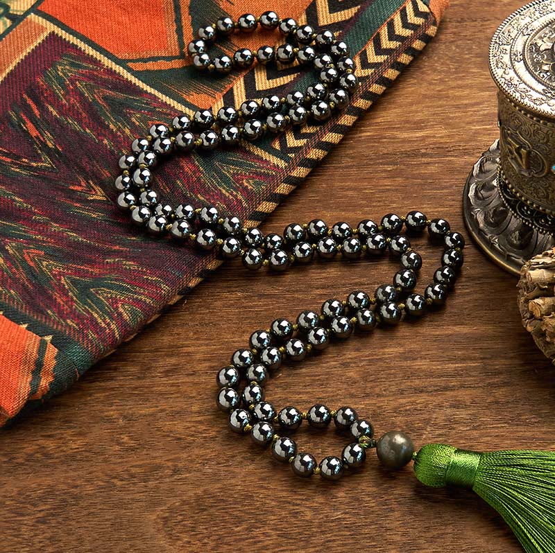 Fortune Jewel 108 Mala Beads Natural Stone Hematite Tassel Powerful Bracelet
