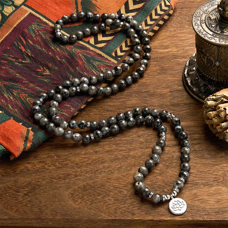 Fortune Jewel 108 Mala Beads Multi-layer Natural Black Glitter Stone Lotus Positivity Bracelet