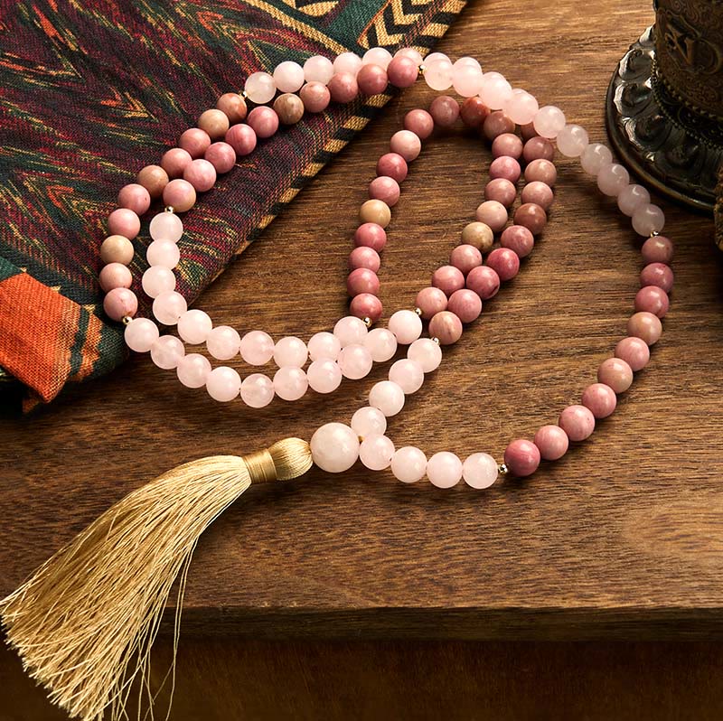 Fortune Jewel 108 Mala Beads Rhodonite Rose Quartz Tassel Healing Bracelet