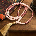 Fortune Jewel 108 Mala Beads Rhodonite Rose Quartz Tassel Healing Bracelet