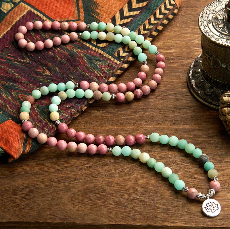 Fortune Jewel 108 Mala Beads Rhodonite Amazonite Lotus Healing Bracelet