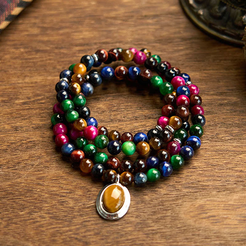 Fortune Jewel 108 Mala Beads Natural Colorful Tiger Eye Stone Multi-turn Protection Bracelet