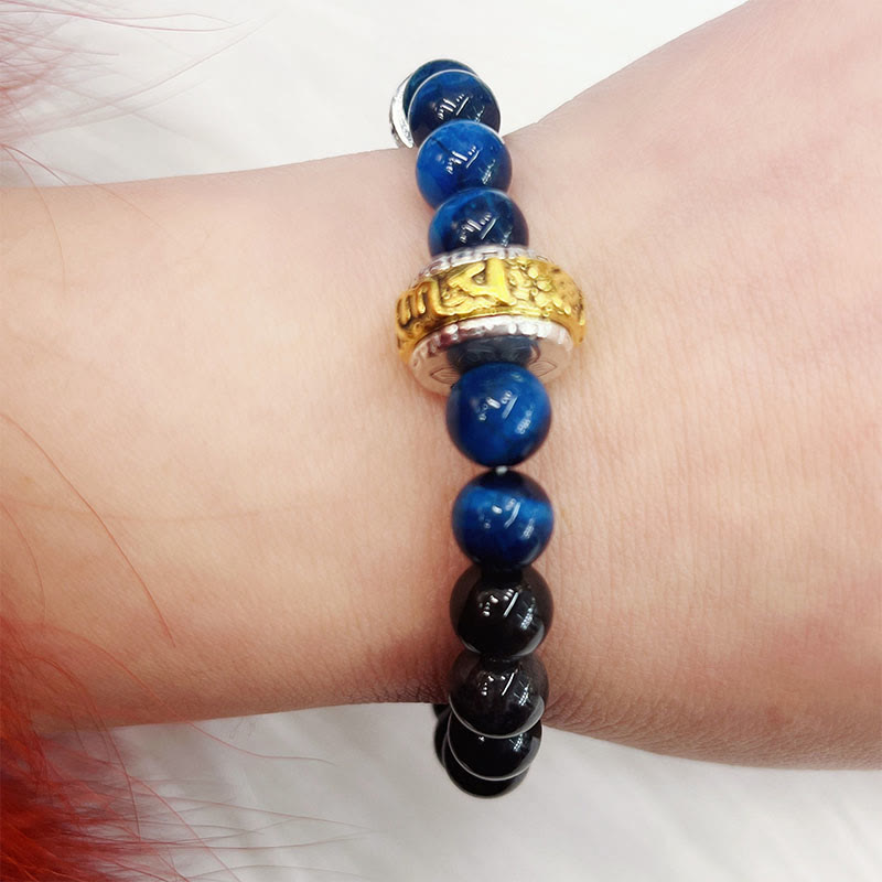 Fortune Jewel Silver Sheen Obsidian Blue Tiger Eye Om Mani Padme Hum Protection Bracelet
