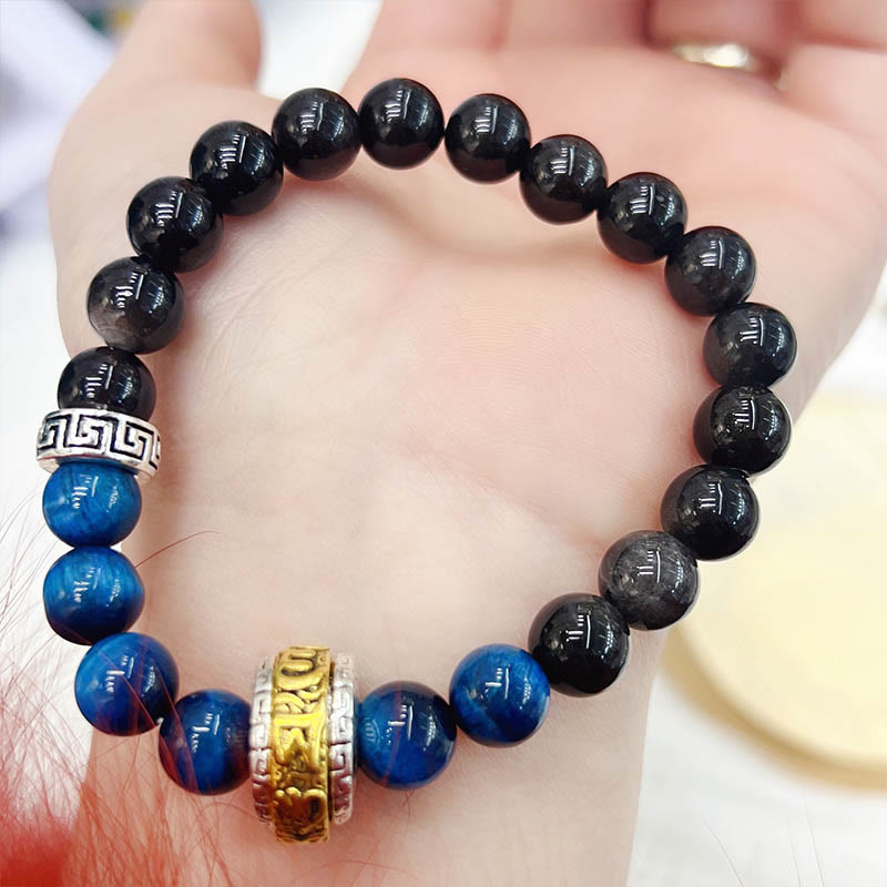 Fortune Jewel Silver Sheen Obsidian Blue Tiger Eye Om Mani Padme Hum Protection Bracelet