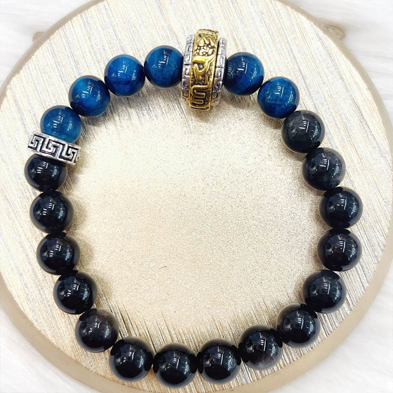 Fortune Jewel Silver Sheen Obsidian Blue Tiger Eye Om Mani Padme Hum Protection Bracelet