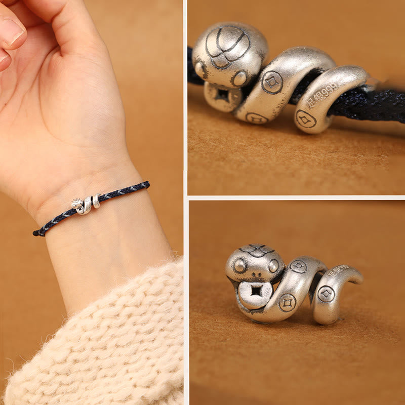 Fortune Jewel 999 Sterling Silver Year of the Snake Handmade Copper Coin Protection Braided Bracelet