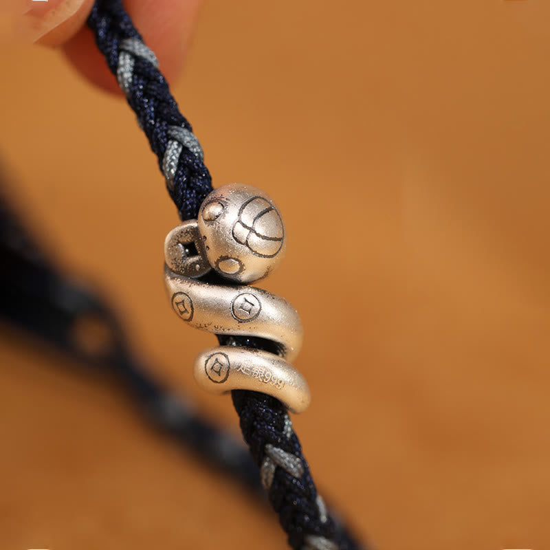 Fortune Jewel 999 Sterling Silver Year of the Snake Handmade Copper Coin Protection Braided Bracelet