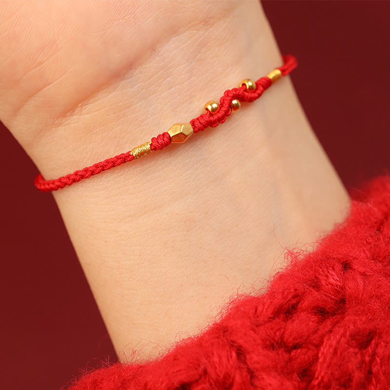 Fortune Jewel 999 Gold Year of the Snake Mini Gold Bead Handmade Luck Protection Braided Bracelet