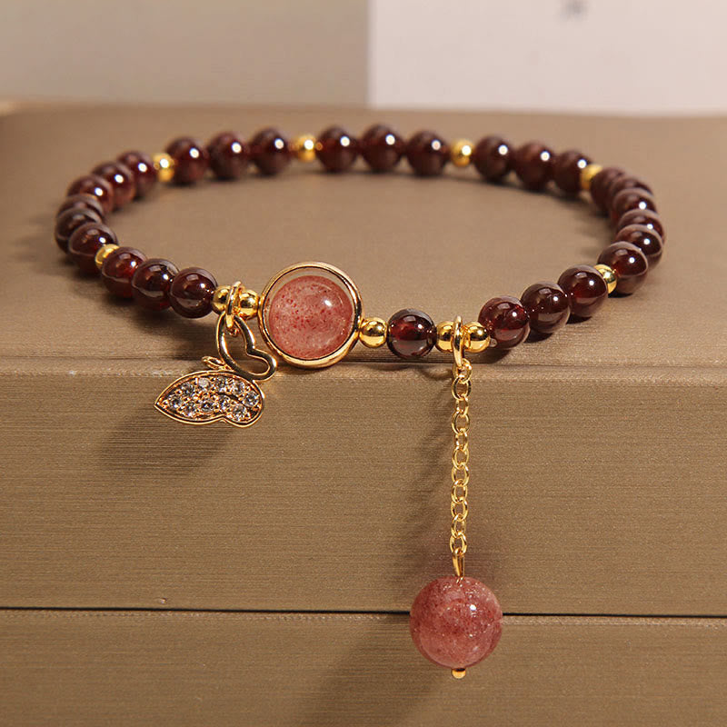 Fortune Jewel Natural Garnet Strawberry Quartz Butterfly Protection Bracelet