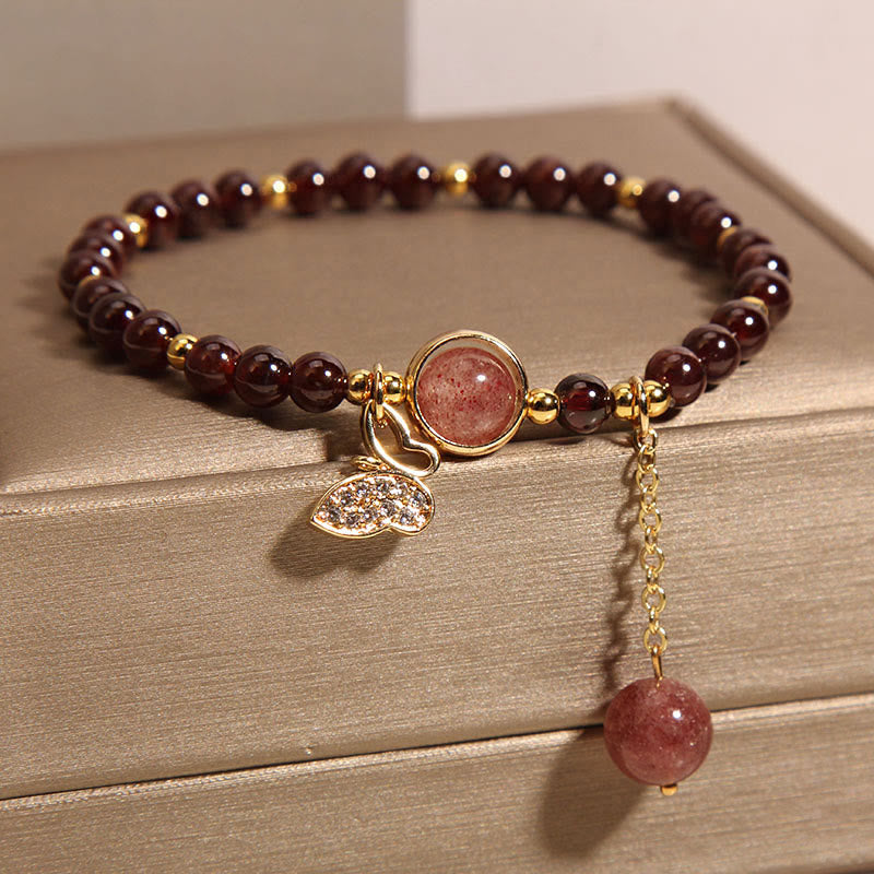 Fortune Jewel Natural Garnet Strawberry Quartz Butterfly Protection Bracelet