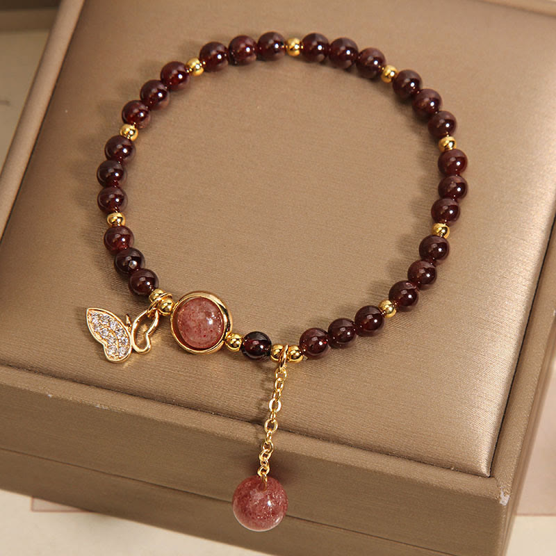 Fortune Jewel Natural Garnet Strawberry Quartz Butterfly Protection Bracelet