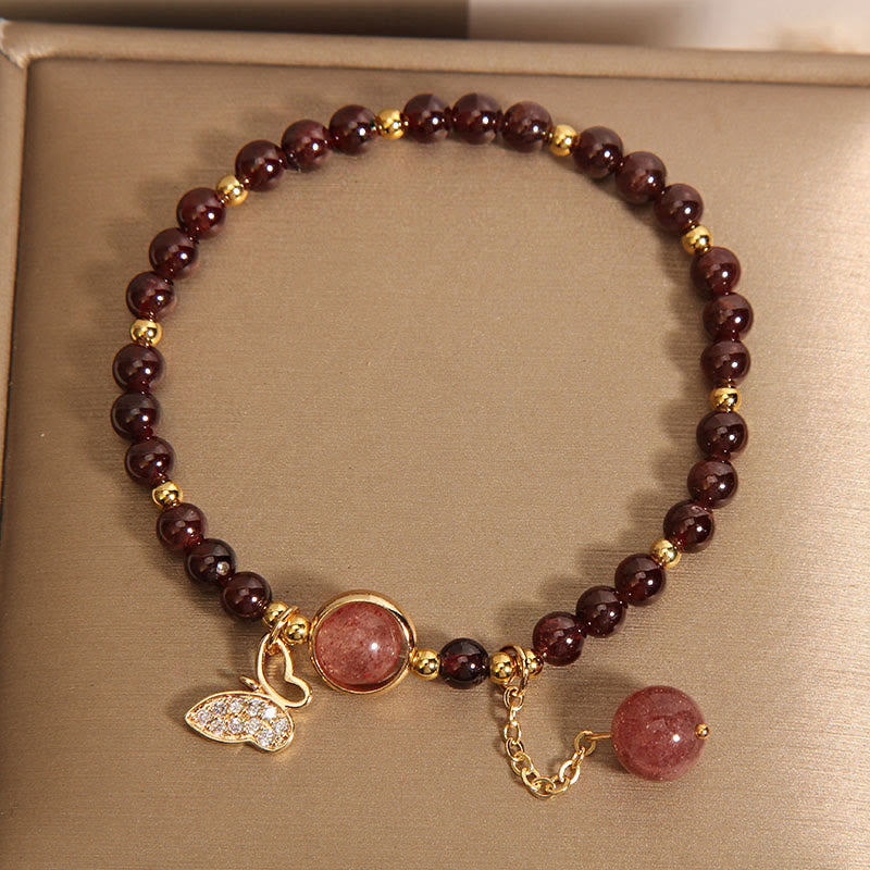 Fortune Jewel Natural Garnet Strawberry Quartz Butterfly Protection Bracelet